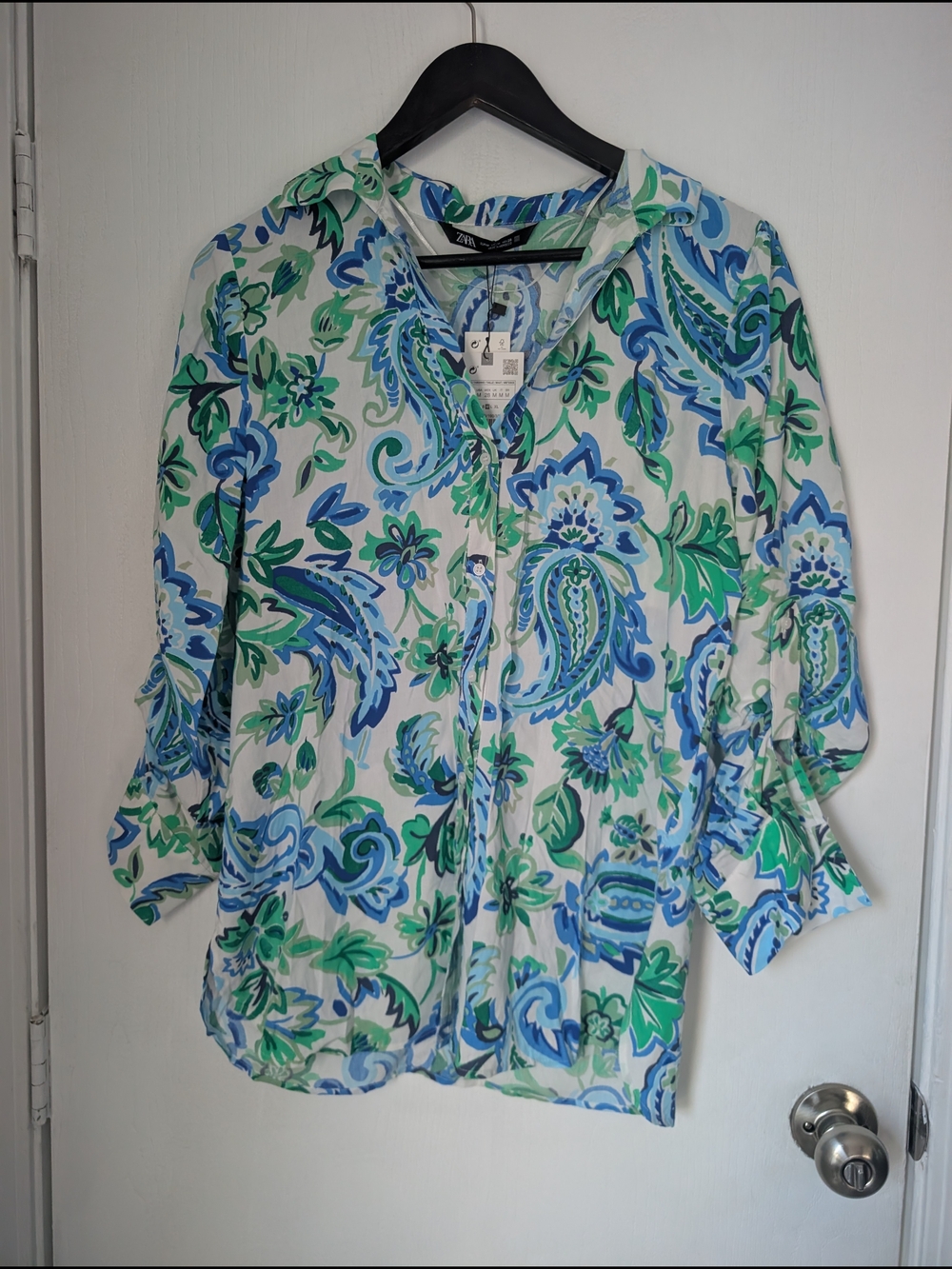 Zara Blue & Green Paisley Button-Up Blouse